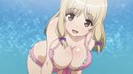  1girl bikini blonde_hair breasts brown_eye cleavage hair_ribbon jinsei kujou_fumi large_breasts long_hair mole purple_ribbon smile 