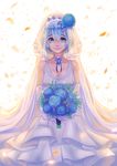  absurdres backlighting blue_eyes blue_flower blue_hair blue_rose bouquet bridal_gauntlets bridal_veil choker crying crying_with_eyes_open dress flower gloves hair_flower hair_ornament hair_tie hairband highres holding holding_bouquet looking_at_viewer mr._j.w parted_lips re:zero_kara_hajimeru_isekai_seikatsu rem_(re:zero) rose solo tears veil wedding_dress white_dress white_gloves x_hair_ornament 