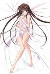  barefoot bed_sheet brown_eyes brown_hair collarbone dakimakura from_above highres hina_asuka imageboard_sample jewelry koshimizu_takayuki long_hair looking_at_viewer lying memories_off#5 naked_sheet navel necklace on_back solo 