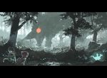  1girl backlighting black_hair bush cape commentary crawling dark fantasy forest glasses grass hiding highres hood horns konno_takashi letterboxed monster nature original red_eyes short_hair sitting size_difference sketch teeth tree 
