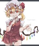  blonde_hair bow crystal english flandre_scarlet grin hat hat_bow hat_ribbon highres miniskirt mob_cap necktie pleated_skirt puffy_short_sleeves puffy_sleeves red_eyes reiga_(act000) ribbon short_sleeves side_ponytail skirt skirt_set smile solo touhou wings 