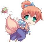  1boy bow chibi fox_tail fur_vest green_eyes hair_bow inuyasha kitsune lady_suchiko leaf_print open_mouth orange_hair pointy_ears ponytail shippou_(inuyasha) simple_background solo spinning_top tail white_background 