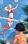  absurdres back barefoot beach bikini blonde_hair blue_sky bracelet braid cammy_white capcom_fighting_jam chun-li day hairpods highres ingrid jewelry john_crayton jumping makoto_(street_fighter) midair mountain multiple_girls navel non-web_source out_of_frame outdoors palm_tree pink_bikini red_bikini sky smile spiked_bracelet spikes sports_bikini sportswear street_fighter street_fighter_iii_(series) swimsuit tree twin_braids udon_entertainment volleyball volleyball_net volleyball_uniform 