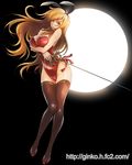  animal_ears backlighting bangs bare_shoulders black_background blonde_hair breast_rest breasts brown_legwear bunny_ears bunnysuit cleavage covered_nipples full_moon ginko_(silver_fox) green_eyes hips large_breasts long_hair moon moonlight original rapier red_footwear shiny shiny_clothes shiny_skin shoes smile solo sword thighhighs thighs very_long_hair watermark weapon web_address wind 