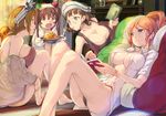  aquila_(kantai_collection) bangs bare_legs bare_shoulders barefoot black_panties book bra breasts brown_eyes brown_hair casual cleavage commentary_request cushion eating food fork glasses gloves hat indoors italian_flag kantai_collection large_breasts libeccio_(kantai_collection) littorio_(kantai_collection) long_hair multiple_girls naked_shirt navel no_bra open_clothes open_mouth open_shirt oven_mitts panties pasta ponytail reading red_bra red_hair roma_(kantai_collection) satou_daiji shiny shiny_skin shirt short_hair smile spaghetti tank_top thighs twintails underwear watch wristwatch 