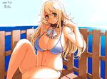  against_fence angelo_(gomahangetsu) armpits artist_name atago_(kantai_collection) bad_anatomy bare_arms bare_legs bare_shoulders bikini blonde_hair blue_bikini breasts cleavage dated day fence green_eyes highres kantai_collection large_breasts long_hair looking_at_viewer navel ocean pulled_by_self sitting smile solo stomach strap_pull sunlight swimsuit 