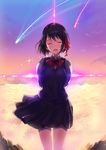  black_hair closed_eyes cloud crying hair_ribbon highres kimi_no_na_wa miyamizu_mitsuha ribbon school_uniform short_hair skirt sky smile solo sora-bozu spoilers tears 