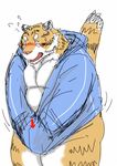  anthro araiguma_11 blush bottomless clothed clothing colored feline male mammal simple_background solo tiger white_background 