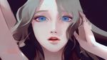  android arm_up bad_id bad_pixiv_id blue_eyes close-up eyelashes face floating_hair grey_hair hair_between_eyes hand_in_hair jn3 long_hair looking_at_viewer original parted_lips red_lips solo 