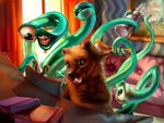  black_nose brown_fur day detailed_background duo eyelashes fur green_eyes inside mammal open_mouth paws pink_tongue sitting smile teeth tentacle_monster tentacles tongue ulitochka 