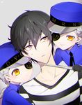  2girls amamiya_ren black_hair braid caroline_(persona_5) eyepatch grey_hair justine_(persona_5) multiple_girls nekoneko765 persona persona_5 prison_clothes short_hair siblings twins yellow_eyes 