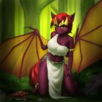  2016 anklet anthro bat_pony clothed clothing cosplay crown cutie_mark day demona_(gargoyles) detailed_background disney fan_character female forest fur gargoyles grass hair hand_on_hip hand_on_thigh hi_res jewelry kneeling loincloth looking_at_viewer membranous_wings midriff moss mushroom my_little_pony mykegreywolf navel orange_eyes outside purple_fur red_hair short_hair smile solo spread_wings tiara tree wide_hips wings 