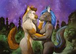  2016 anthro black_fur blue_eyes blue_hair blue_nipples blue_nose breasts brown_hair canine ear_piercing eye_contact female forest fur grey_fur hair male mammal night nipples nude orange_fur outside piercing romantic romantic_couple scale_(artist) standing star tattoo tree wolf 