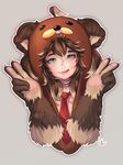  :q ahoge animal_ears barb-tan bear_ears bear_hood blonde_hair blue_eyes borrowed_character brown_fur brown_hair claws double_v fang_out fur gradient_hair head_tilt heart heart-shaped_pupils highres honey looking_at_viewer lucky_clover_(luckyxclover) multicolored_hair necktie original paws signature simple_background solo symbol-shaped_pupils tongue tongue_out two-tone_hair upper_body v 