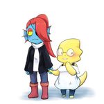  2016 alphys anthro blush boots clothing duo eye_patch eyewear female fish footwear glasses hand_holding lizard marine monster reptile scalie scarf simple_background undertale undyne video_games white_background 薏仁／ハトムギ 