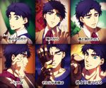  age_progression blue_hair blurry chocolate_bar clenched_hand cloud fingerless_gloves food food_on_face formal gloves green_eyes jojo_no_kimyou_na_bouken jonathan_joestar male_focus multiple_persona multiple_views shiron_(shiro_n) sky smile sweater_vest translated 