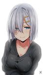 alternate_costume aoi_chizuru blue_eyes blush breasts bright_background buttons cleavage collarbone covered_nipples hair_ornament hair_over_one_eye hairclip hamakaze_(kantai_collection) highres kantai_collection large_breasts long_sleeves looking_at_viewer short_hair silver_hair smile solo sweater upper_body white_background 