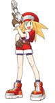  bike_shorts blonde_hair boots full_body gloves green_eyes hand_on_hip hat highres holding long_hair official_art open_mouth red_shorts rockman rockman_dash roll_caskett short_sleeves shorts sidelocks simple_background smile solo white_background 