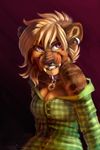  anthro bare_shoulders black_nose blonde_hair breasts cat cleavage clothed clothing collar ear_piercing falla fangs feline female hair mammal piercing purple_eyes saber-toothed_cat sabertooth_(feature) smile solo teeth ulitochka 