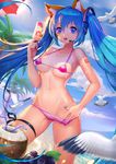 animal_ears beach bikini bird blue_eyes blue_hair breasts cloud coconut coconut_tree covered_nipples cowboy_shot day drinking_straw food fruit fruit_cup grapes hand_under_clothes hand_under_swimsuit hatsune_miku headset highres lian_yao long_hair medium_breasts micro_bikini nail_polish navel outdoors palm_tree parted_lips pink_bikini popsicle sky solo swimsuit tan tanline tree twintails very_long_hair vocaloid 