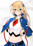  arms_behind_back belt blazblue blazblue:_central_fiction blonde_hair blue_capelet blue_skirt blush capelet dated green_eyes groin hair_between_eyes hair_ornament highres long_hair looking_at_viewer midriff navel niimaru noel_vermillion skirt smile solo uniform 