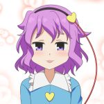  1girl :d blue_shirt cato_(monocatienus) commentary face frilled_shirt_collar frills hairband heart komeiji_satori looking_at_viewer medium_hair open_mouth portrait purple_eyes purple_hair shirt simple_background smile solo touhou wavy_hair 