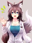  ahoge animal_ears blue_eyes blush breasts brown_hair fang fox_ears fox_girl fox_tail hair_between_eyes highres jacket large_breasts open_mouth original sketch smile solo sukemyon tail track_jacket unzipped upper_body waving 