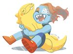  2016 alphys anthro clothing duo eyewear female fish footwear glasses hair hug lizard long_hair marine open_mouth ponytail red_hair reptile scalie signature sitting toy undertale undyne video_games 蜥太郎 