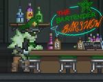  &lt;3 2016 alcohol bar beverage blush boots breasts butt clothed clothed_sex clothing duo female footwear green_skin hair hat humanoid jacket long_hair male mrs_bartender novakid panties panties_around_legs panties_down pixel sex shelf sign simple_background standing_tough starbound stool text underwear video_games wine 