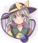  asa_(coco) black_hat blush bow closed_mouth collarbone commentary_request eyeball frilled_shirt_collar frills green_eyes hat hat_bow komeiji_koishi looking_at_viewer silver_hair solo third_eye touhou upper_body yellow_bow 