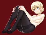  black_legwear blonde_hair blue_eyes breasts darjeeling feet girls_und_panzer large_breasts minazuki_juuzou no_shoes pantyhose solo toes 