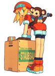  :o arm_support ass box capcom cardboard_box full_body gloves green_eyes hat looking_at_viewer monkey official_art open_mouth rockman rockman_dash roll_caskett short_sleeves shorts simple_background white_background 