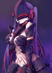  armor berserker_(fate/zero) berserker_(fate/zero)_(cosplay) between_breasts bikini_armor breasts closed_mouth cosplay covered_eyes crack fate/kaleid_liner_prisma_illya fate_(series) faulds finger_to_mouth gauntlets gorget hair_ribbon hfp~kubiao highres long_hair looking_at_viewer mask matou_sakura medium_breasts navel purple purple_background purple_hair red_lips red_ribbon ribbon solo spoilers stomach tattoo upper_body 