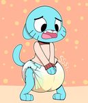  anthro black_eyes blue_fur cartoon_network cat cub diaper embarrassed feline fur gumball_watterson kurikia male mammal open_mouth paws peeing simple_background solo standing teeth text the_amazing_world_of_gumball tongue urine wet_diaper whiskers young 