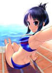  akiyama_mio alternate_hairstyle arm_support armpits ass back bangs barefoot bikini black_eyes black_hair blue_bikini breasts butt_crack caustics day double_vertical_stripe eyebrows eyebrows_visible_through_hair feet folded_ponytail foreshortening from_behind hair_ornament hair_up hairclip highres k-on! legs_together looking_at_viewer looking_back medium_breasts outdoors parted_bangs poolside reaching_out red-p self_shot shadow short_hair_with_long_locks sideboob sidelocks sitting skindentation smile solo swimsuit tile_floor tiles water 