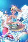  absurdres artist_name blonde_hair blue_eyes blue_shell breasts collaboration crown day food gumroad_reward highres innertube jonathan_hamilton lisa_buijteweg mario_(series) open_mouth paid_reward popsicle princess_peach small_breasts smile super_mario_bros. swimsuit tankini water watermark 