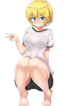  alternate_costume arm_behind_back barefoot bike_shorts black_bra blonde_hair blue_eyes bra bra_through_clothes braid breasts darjeeling girls_und_panzer gym_uniform large_breasts looking_at_viewer mamo_williams see-through shirt short_hair solo squatting tied_hair twin_braids underwear v white_background white_shirt 