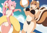  absurdres animal_ears antenna_hair ass ball beach beachball bikini black_bikini blazblue blush breasts brown_hair cat_ears cat_tail chestnut_mouth cloud cloudy_sky day glasses hair_ribbon highres kokonoe large_breasts long_hair makoto_nanaya mirano multicolored_hair multiple_girls outdoors pink_hair red_eyes ribbon short_hair sky squirrel_ears squirrel_tail swimsuit tail twintails two-tone_hair white_bikini 