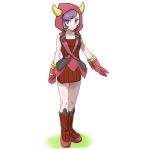  1girl a_(pixiv_17870427) adapted_costume boots creatures_(company) fake_horns flipped_hair full_body game_freak high_heel_boots high_heels hood hoodie horned_headwear kagari_(pokemon) kagari_(pokemon_oras) knee_boots nintendo pokemon pokemon_(game) pokemon_oras purple_eyes purple_hair red_footwear ribbed_sweater short_hair solo sweater team_magma uniform white_background 