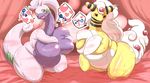  2girls ampharos black_eyes blush breast_hold breasts fdokkaku furry goodra green_eyes heart-shaped_pupils huge_breasts mega_ampharos multiple_girls pokemon sweat sweating 