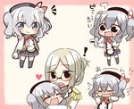  2girls :&gt; :d ^_^ bangs barcode_scanner beret black_legwear blush chibi closed_eyes closed_mouth commentary crying epaulettes folded_ponytail glasses grey_eyes hat heart jako_(jakoo21) kantai_collection kashima_(kantai_collection) katori_(kantai_collection) long_sleeves multiple_girls name_tag open_mouth parted_bangs ponytail silver_hair skirt smile tears translated twintails wavy_mouth younger 