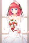  1girl bangs bare_shoulders blunt_bangs blurry blurry_foreground blush bouquet breasts bridal_veil bride brown_ribbon cleavage closed_mouth collarbone commentary depth_of_field eyebrows_visible_through_hair flower go-toubun_no_hanayome hair_flower hair_ornament hair_ribbon highres holding holding_bouquet long_hair medium_breasts nakano_nino petals pink_flower purple_eyes red_flower red_hair red_rose ribbon rose see-through seventeen_(st17215) smile solo symbol_commentary veil white_flower white_rose window 