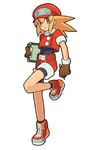  capcom full_body gloves green_eyes hat holding leg_lift looking_at_viewer notepad official_art pencil rockman rockman_dash roll_caskett short_sleeves shorts smile solo 