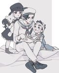  2boys arm_sling bandages black_dress black_eyes black_hair book brother_and_sister bruise child dress hat injury jojo_no_kimyou_na_bouken jojolion kira_yoshikage_(jojolion) kuujou_josefumi multiple_boys nijimura_kyou reammara sailor sailor_hat shoes siblings sitting sneakers stuffed_animal stuffed_toy teddy_bear younger 