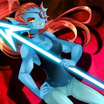  2016 anthro clothing female fish marine melee_weapon monster polearm solo spear undertale undyne video_games weapon びんぼうぐさ 