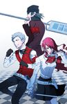  2boys aragaki_shinjirou armband beanie brown_hair evoker hair_over_one_eye hat kirijou_mitsuru long_hair minato_(robin) multiple_boys persona persona_3 red_eyes red_hair ribbon sanada_akihiko school_uniform short_hair trench_coat 