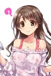  ? absurdres bare_shoulders blouse blush braid breasts brown_eyes brown_hair covered_nipples eyebrows eyebrows_visible_through_hair frills highres idolmaster idolmaster_cinderella_girls jewelry long_hair medium_breasts necklace nipples no_bra paopao see-through shimamura_uzuki simple_background smile solo upper_body wet wet_clothes white_background 