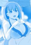  1boy 1girl ai-chan_(tawawa) beach_umbrella bikini blue_theme braid breast_suppress breasts day getsuyoubi_no_tawawa hetero himura_kiseki_(style) large_breasts monochrome naozuri open_mouth outdoors paizuri paizuri_under_clothes parody penis short_hair solo_focus style_parody swimsuit tareme umbrella 