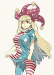  alternate_breast_size american_flag_dress blonde_hair breasts clownpiece commentary_request cowboy_shot dress dress_lift frilled_shirt_collar frills hat highres jester_cap large_breasts lifted_by_self long_hair looking_at_viewer muneneko no_wings older pantyhose parted_lips polka_dot print_legwear red_eyes short_sleeves simple_background smile solo star star_print striped striped_legwear touhou very_long_hair 