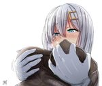  alternate_costume aoi_chizuru blue_eyes blush breast_grab breasts breath bright_background covered_nipples gloves grabbing grabbing_from_behind hair_ornament hairclip hamakaze_(kantai_collection) kantai_collection large_breasts looking_down short_hair silver_hair solo sweater upper_body white_background white_gloves 